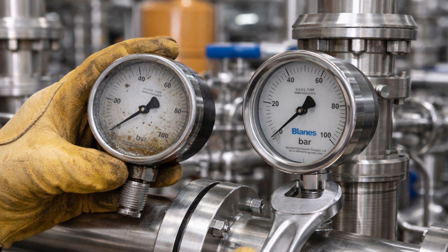 Maintenance technician replacing a damaged pressure gauge with a new Blanes pressure gauge on stainless steel industrial piping.