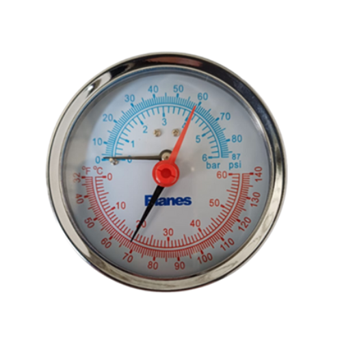 A combination pressure–temperature gauge is a single instrument that shows pressure (bar/psi) and temperature (°C ) on one dial.