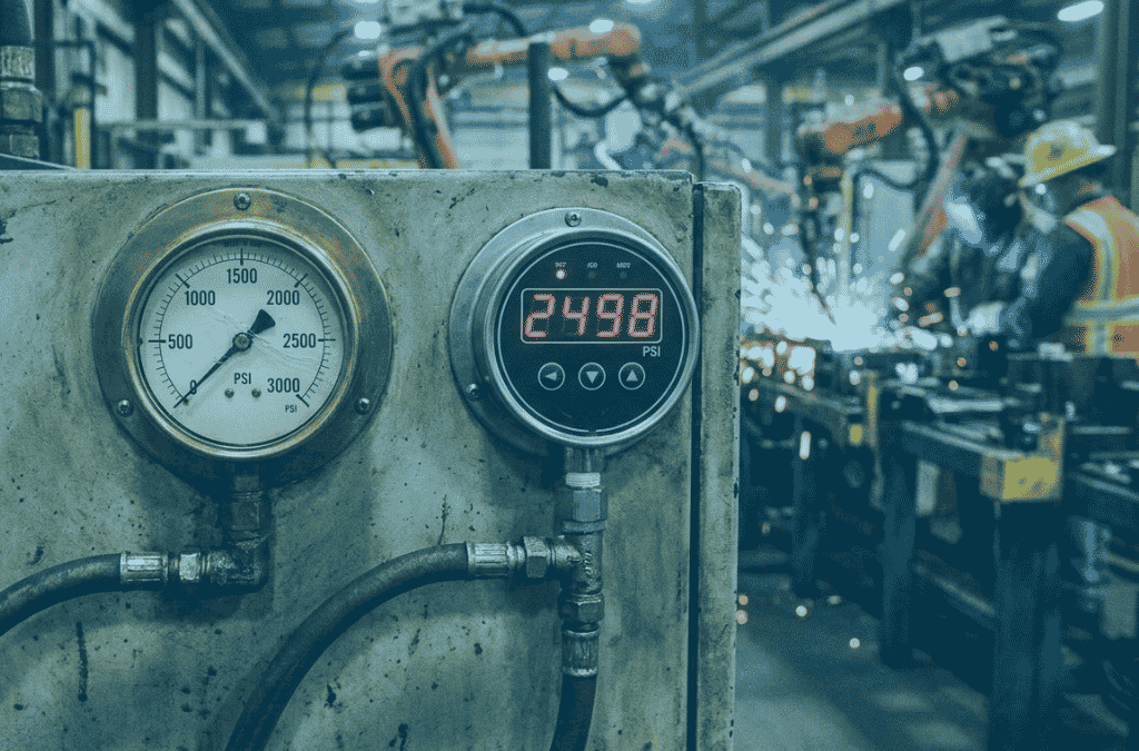 Digital and analog pressure gauges used for industrial pressure measurement in a South African plant.