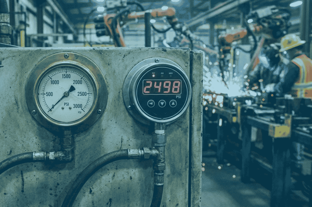 Digital and analog pressure gauges used for industrial pressure measurement in a South African plant.