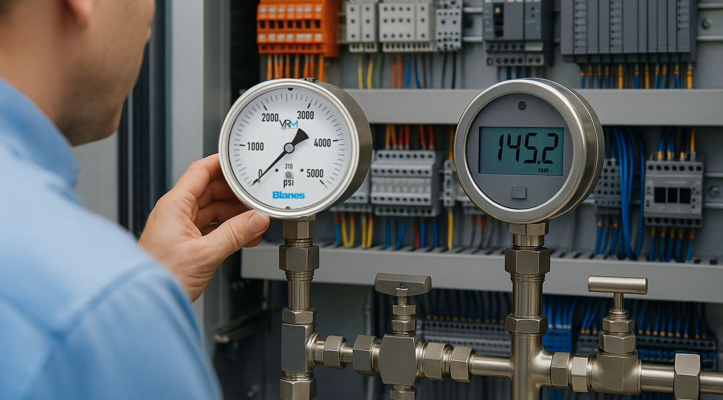 Close-up of a digital pressure gauge integrated into a process automation system