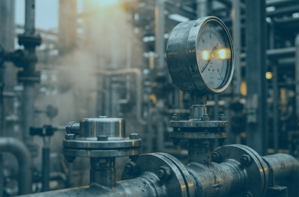 Industrial pressure gauge installed on process piping in a hazardous chemical plant environment.