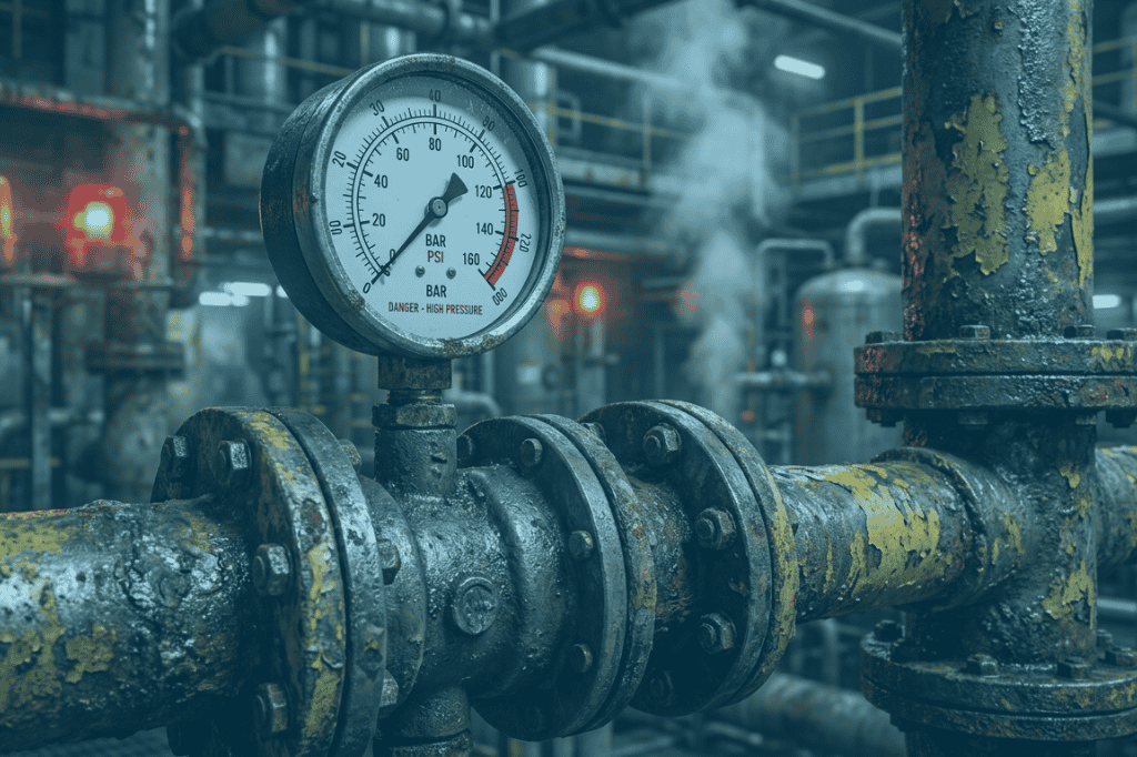 Industrial pressure gauge installed on process piping in a hazardous chemical plant environment.