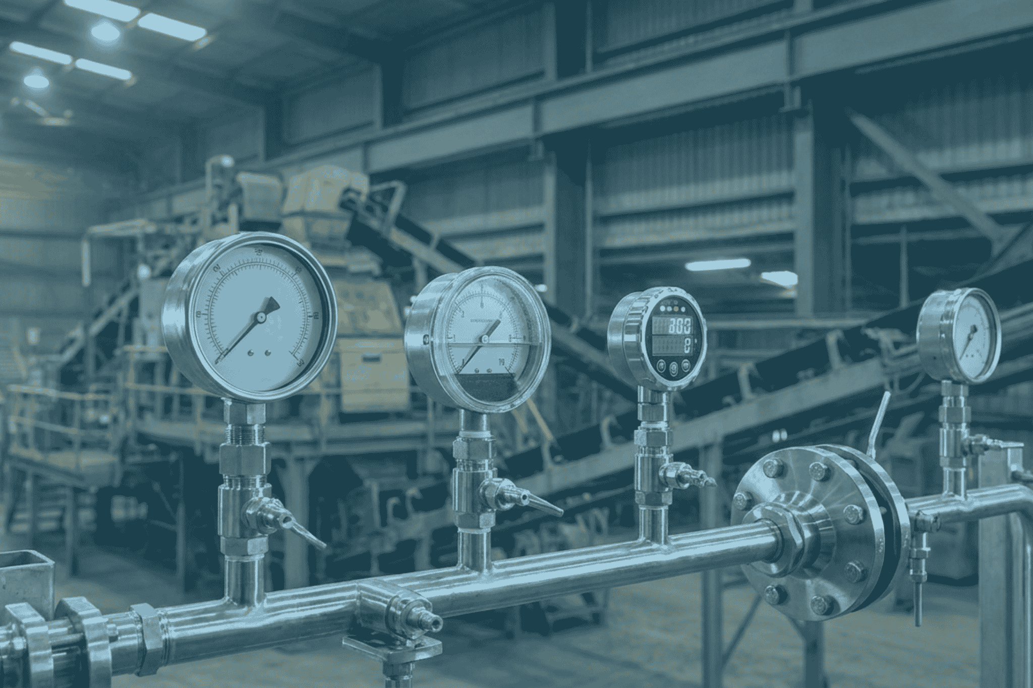Stainless steel liquid-filled pressure gauge installed on vibrating mining equipment, supplied by Blanes Pressure Solutions.