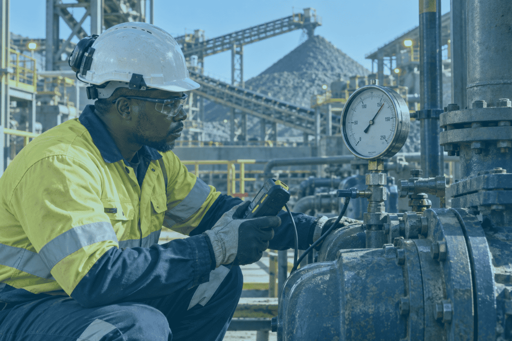 Industrial pressure gauges installed on heavy mining equipment in a demanding South African mining environment.