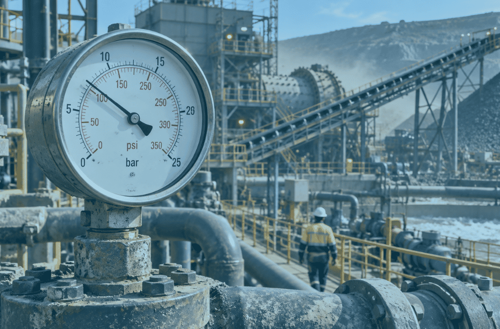 Industrial pressure gauges installed on heavy mining equipment in a demanding South African mining environment.