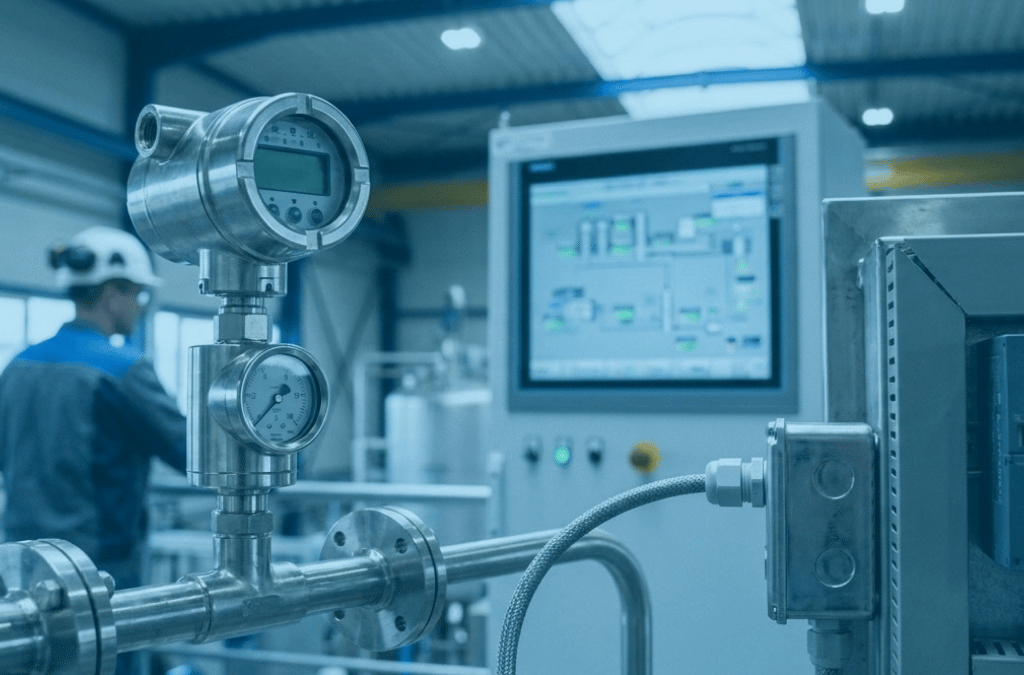 Industrial process instrumentation and pressure transmitter used in an automated South African process plant.