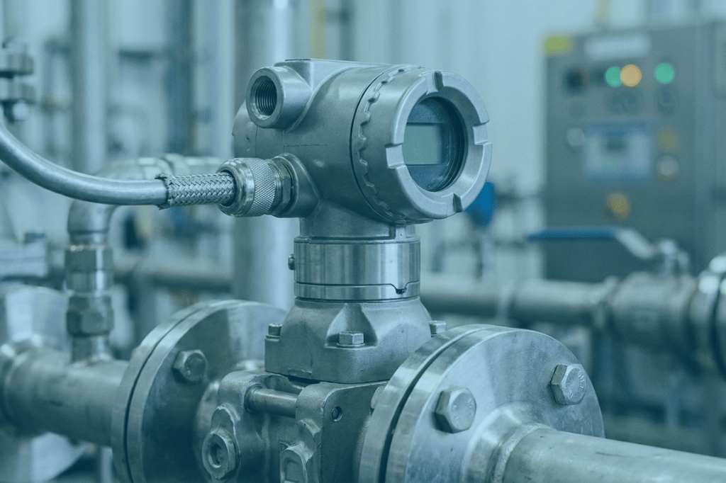 Industrial pressure transmitter and gauge feeding real-time measurement into a process automation control system.